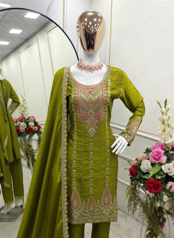 Shop Cinon Silk Embroidered Top Pent Set with Dupatta Fully Stitched - Image 7