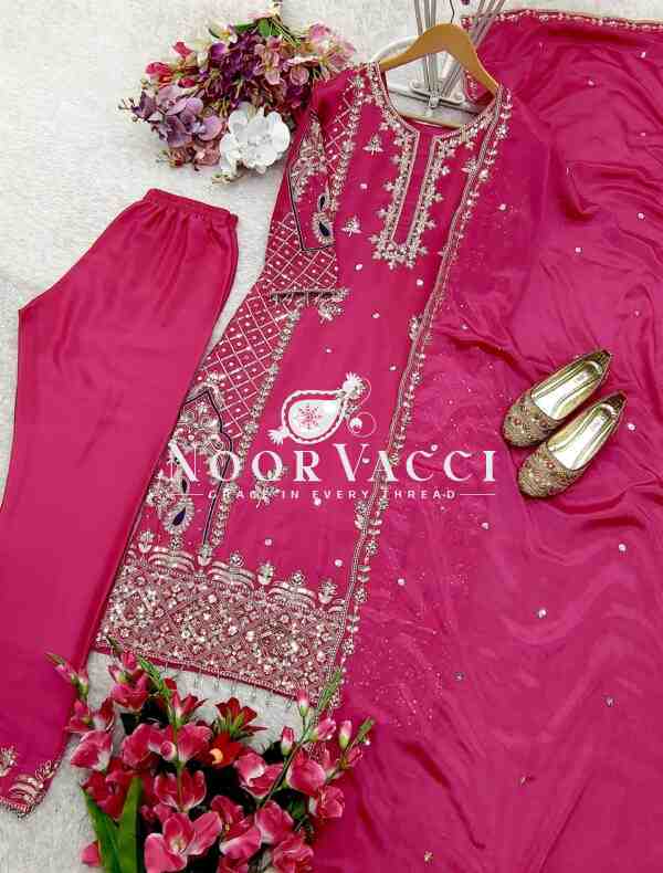 Cinon Silk Embroidered Top Pant Set with Dupatta Fully Stitched - Image 7