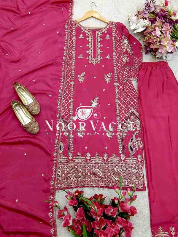 Cinon Silk Embroidered Top Pant Set with Dupatta Fully Stitched - Image 8