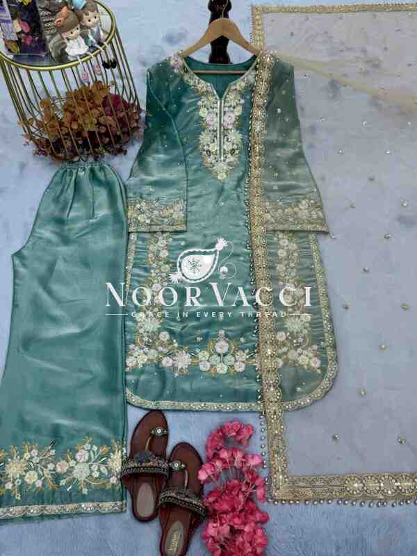 Premium Jimmy Choo Silk Top Plazzo & Dupatta Set - Image 3
