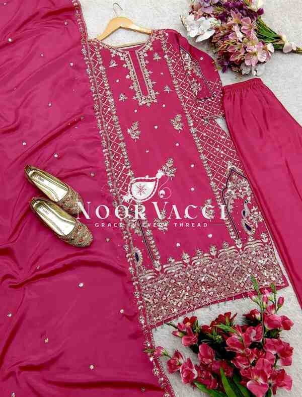 Cinon Silk Embroidered Top Pant Set with Dupatta Fully Stitched - Image 5