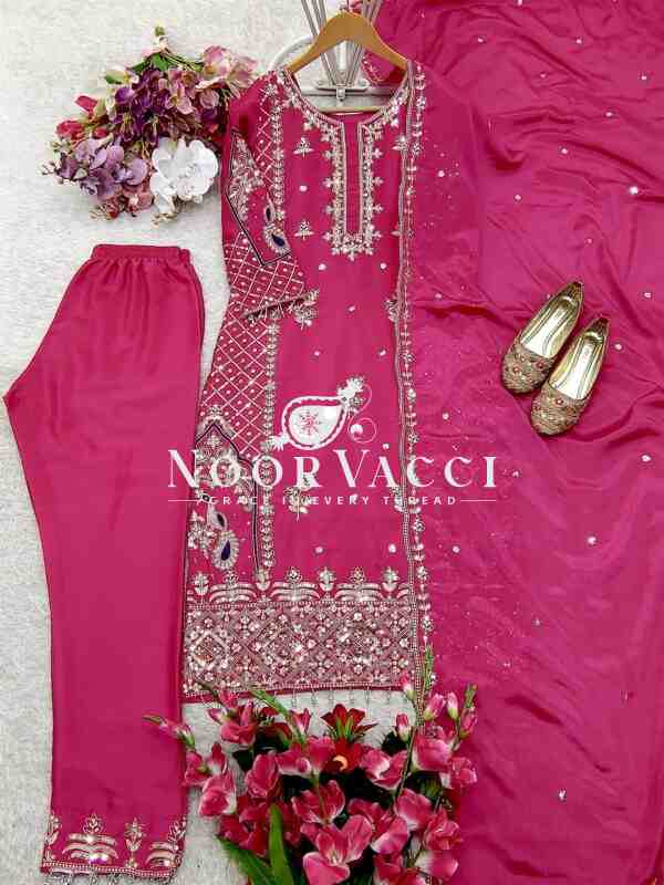 Cinon Silk Embroidered Top Pant Set with Dupatta Fully Stitched - Image 6