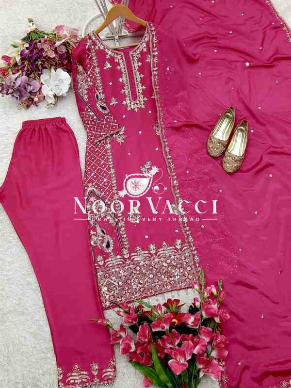 Cinon Silk Embroidered Top Pant Set with Dupatta Fully Stitched - Image 4