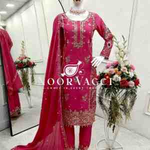 Cinon Silk Embroidered Top Pant Set with Dupatta Fully Stitched