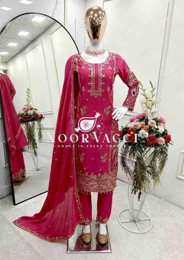 Cinon Silk Embroidered Top Pant Set with Dupatta Fully Stitched