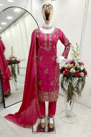 Shop Cinon Silk Embroidered Top Pant Set with Dupatta Fully Stitched