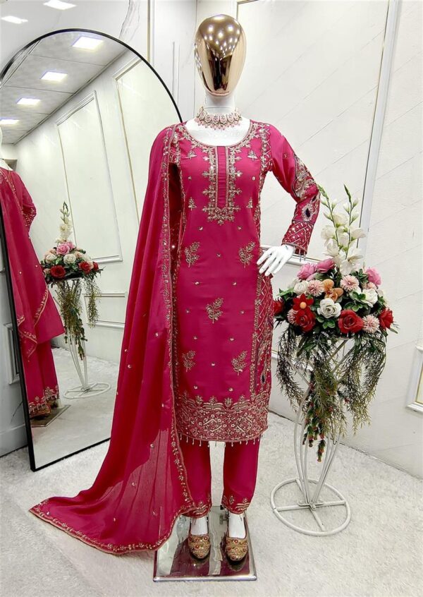 Shop Cinon Silk Embroidered Top Pant Set with Dupatta Fully Stitched
