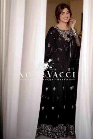 Shop Fox Georgette Embroidered Gown Pant Set with Dupatta Fully Stitched