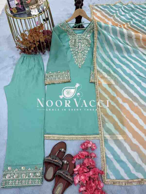 Crunchy Silk Embroidered Plazzo Set with Digital Print Dupatta - Image 7