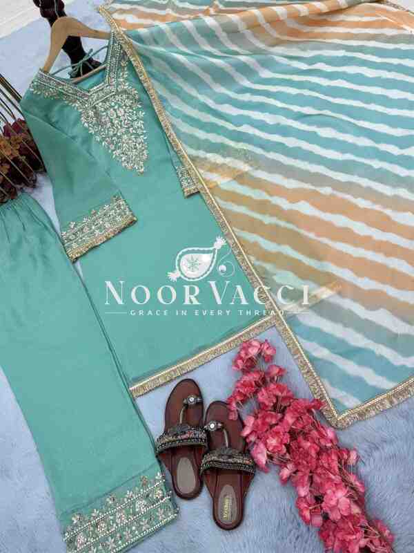 Crunchy Silk Embroidered Plazzo Set with Digital Print Dupatta - Image 8