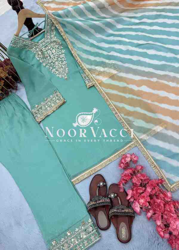 Crunchy Silk Embroidered Plazzo Set with Digital Print Dupatta - Image 5