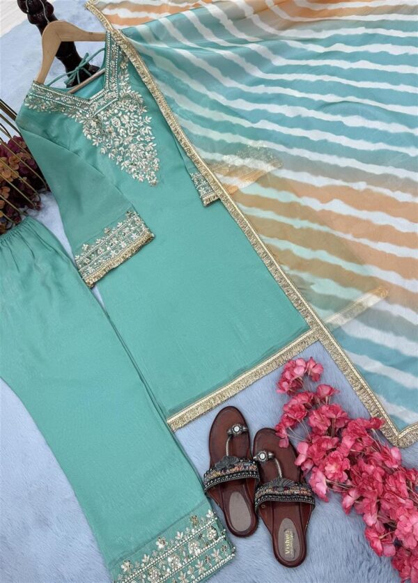 Buy Crunchy Silk Embroidered Plazzo Set with Digital Print Dupatta - Image 5