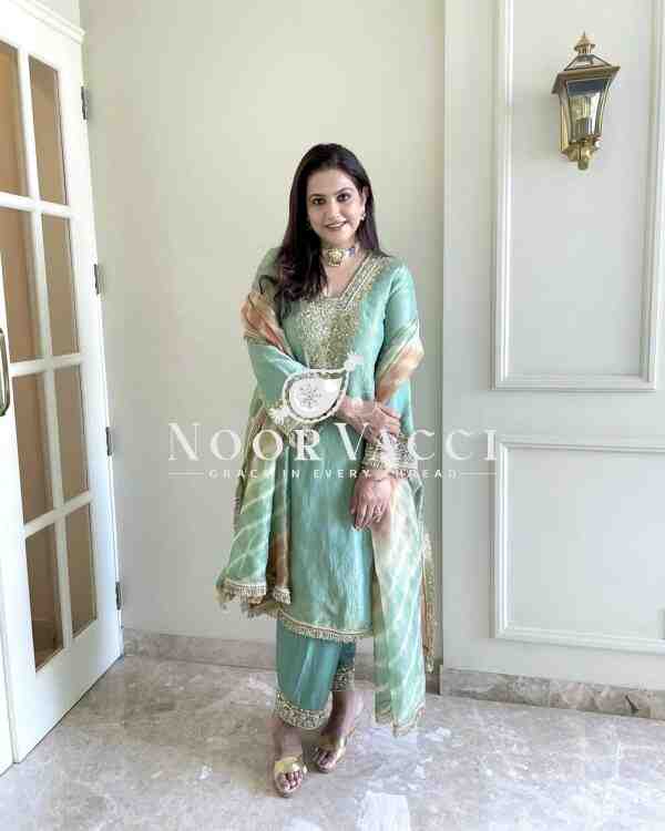 Crunchy Silk Embroidered Plazzo Set with Digital Print Dupatta - Image 4