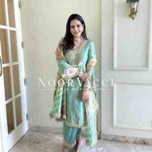 Crunchy Silk Embroidered Plazzo Set with Digital Print Dupatta