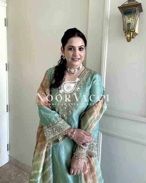 Crunchy Silk Embroidered Plazzo Set with Digital Print Dupatta - Image 2