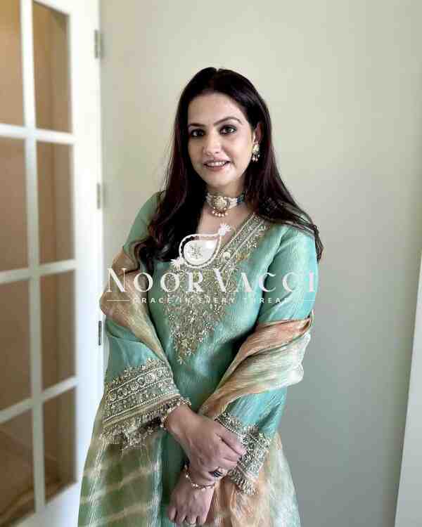 Crunchy Silk Embroidered Plazzo Set with Digital Print Dupatta - Image 3