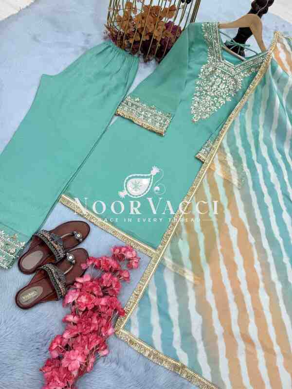 Crunchy Silk Embroidered Plazzo Set with Digital Print Dupatta - Image 6