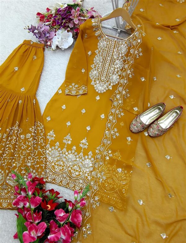 Shop Fox Georgette Embroidered Top Sarara Set with Dupatta Fully Stitched - Image 5