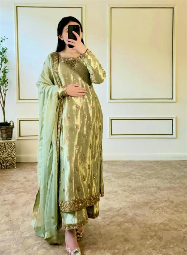 Shop Zimmy-Chu Silk Embroidered Top Plazzo Set with Dupatta Fully Stitched - Image 2