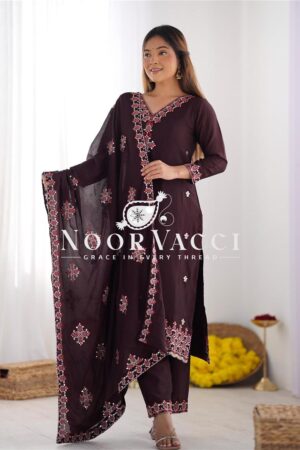 Buy Pure Chinon Silk Embroidered Top-Bottom Set with Dupatta