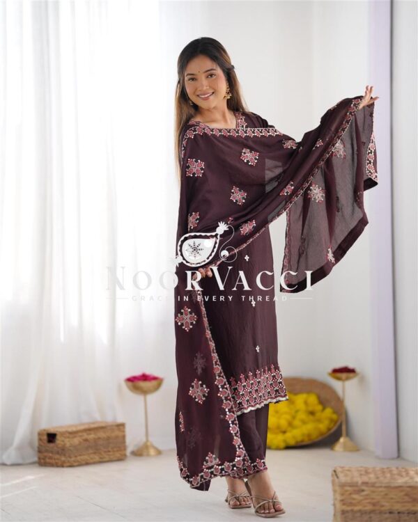 Buy Pure Chinon Silk Embroidered Top-Bottom Set with Dupatta - Image 4