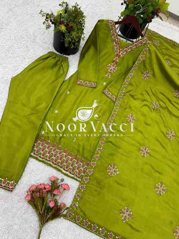 Pure Chinon Silk Embroidered Top-Bottom Set with Dupatta - Image 8