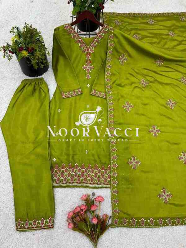 Pure Chinon Silk Embroidered Top-Bottom Set with Dupatta - Image 7