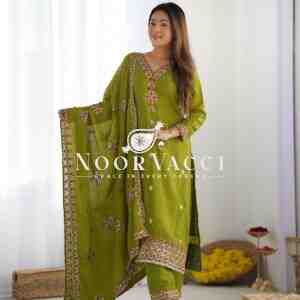 Pure Chinon Silk Embroidered Top-Bottom Set with Dupatta