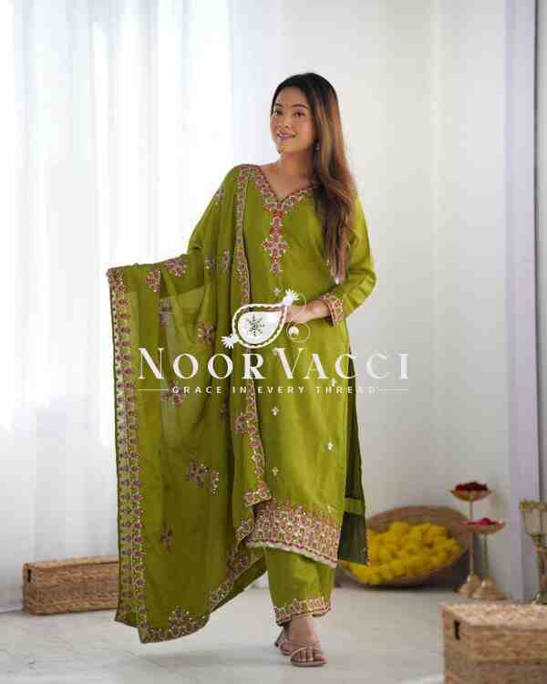Pure Chinon Silk Embroidered Top-Bottom Set with Dupatta