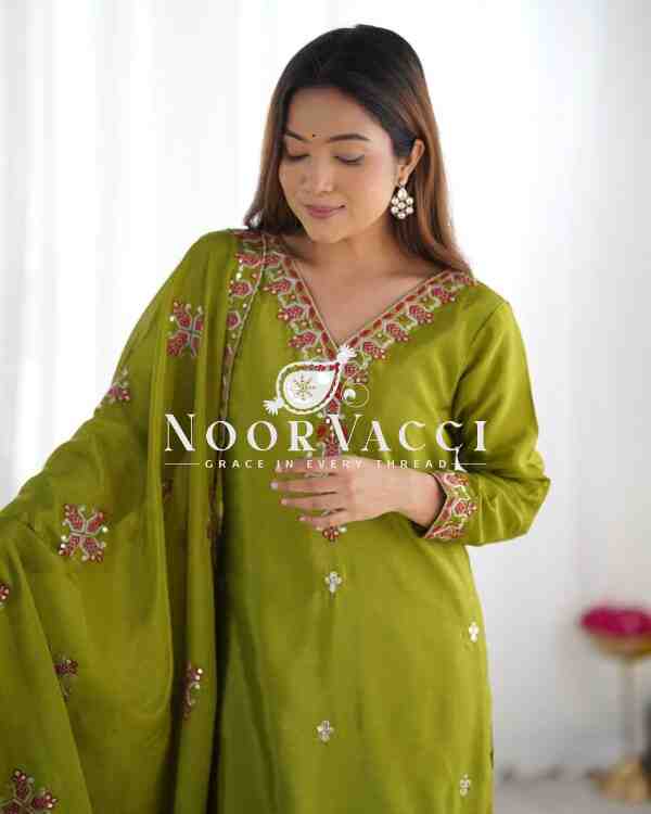 Pure Chinon Silk Embroidered Top-Bottom Set with Dupatta - Image 3