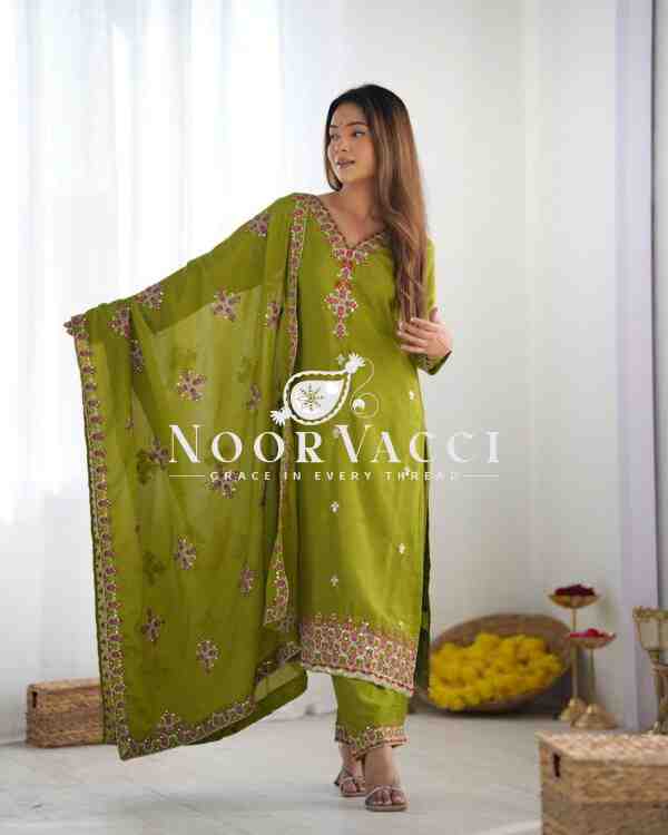 Pure Chinon Silk Embroidered Top-Bottom Set with Dupatta - Image 5