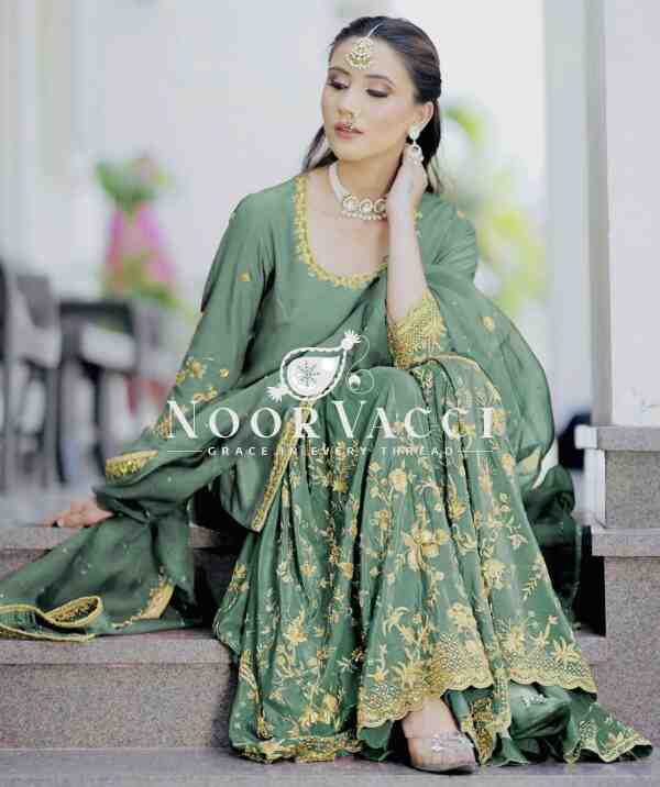 Cinon Silk Embroidered Top Sarara Set with Dupatta Fully Stitched - Image 3