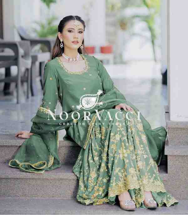 Cinon Silk Embroidered Top Sarara Set with Dupatta Fully Stitched