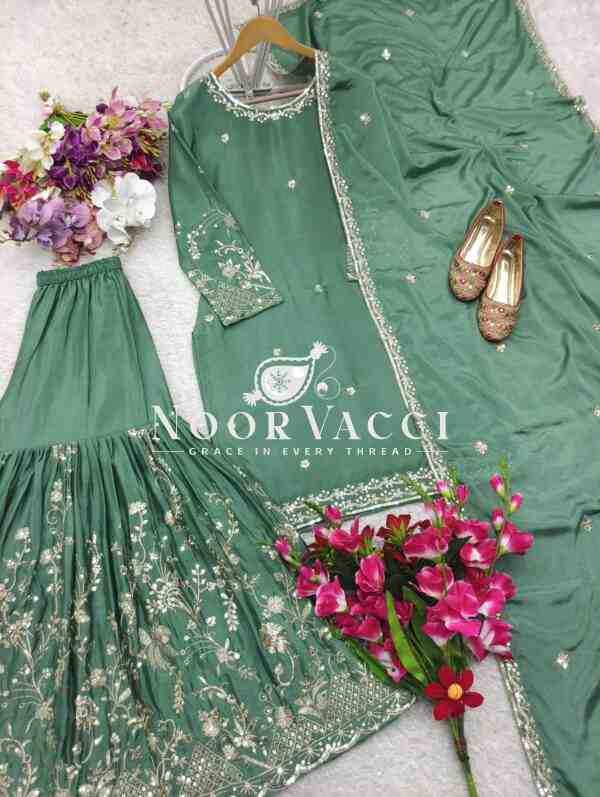 Cinon Silk Embroidered Top Sarara Set with Dupatta Fully Stitched - Image 5