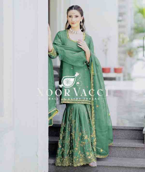 Cinon Silk Embroidered Top Sarara Set with Dupatta Fully Stitched - Image 2