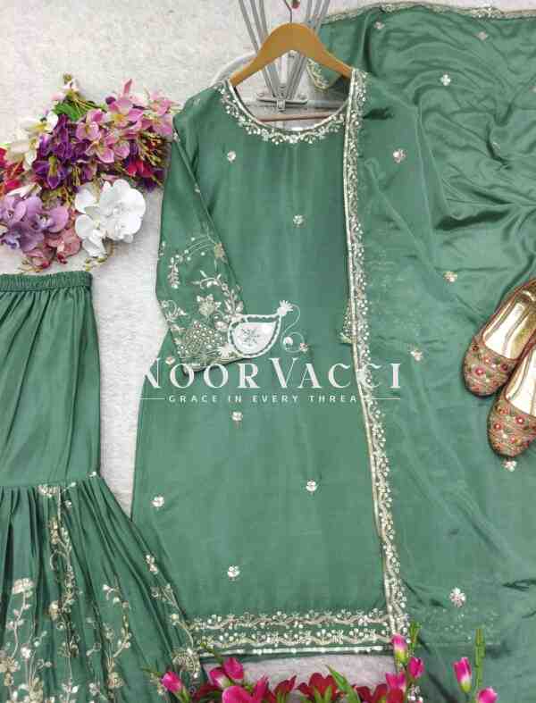 Cinon Silk Embroidered Top Sarara Set with Dupatta Fully Stitched - Image 4