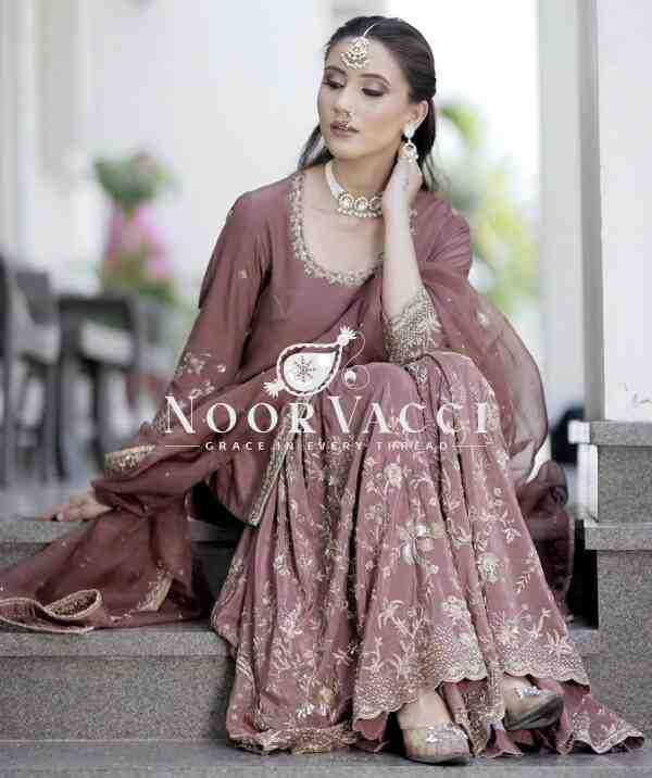 Cinon Silk Embroidered Top Sarara Set with Dupatta Fully Stitched