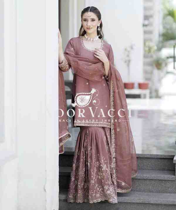 Cinon Silk Embroidered Top Sarara Set with Dupatta Fully Stitched - Image 2