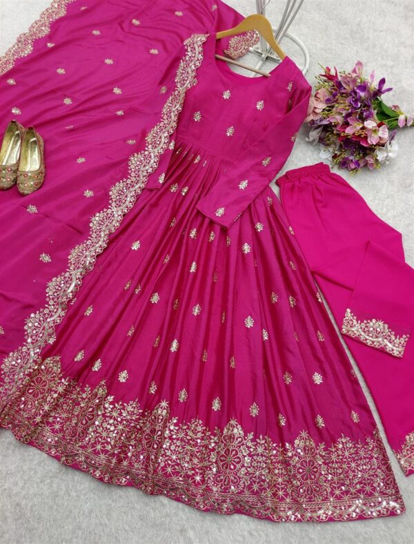 Buy Chinon Silk Embroidered Gown with Pent and Dupatta – Fully Stitched - Image 5