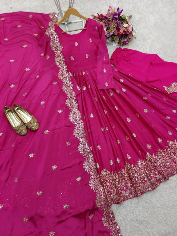 Buy Chinon Silk Embroidered Gown with Pent and Dupatta – Fully Stitched - Image 4