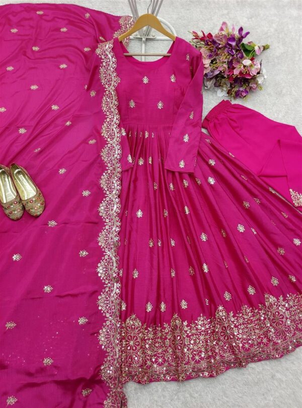 Buy Chinon Silk Embroidered Gown with Pent and Dupatta – Fully Stitched - Image 6