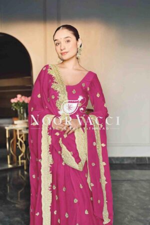 Buy Chinon Silk Embroidered Gown with Pent and Dupatta – Fully Stitched