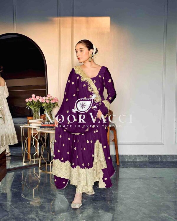Buy Chinon Silk Embroidered Gown with Pent and Dupatta – Fully Stitched - Image 3