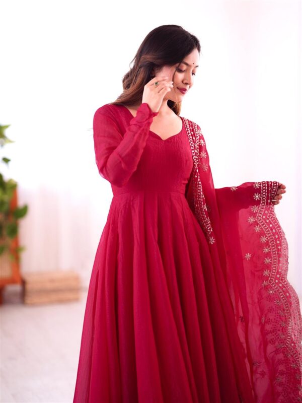 Shop Heavy Fandy Silk Embroidered Gown with Dupatta – Full Flair Party Wear - Image 2