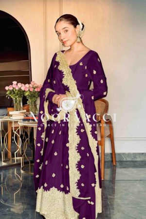 Buy Chinon Silk Embroidered Gown with Pent and Dupatta – Fully Stitched