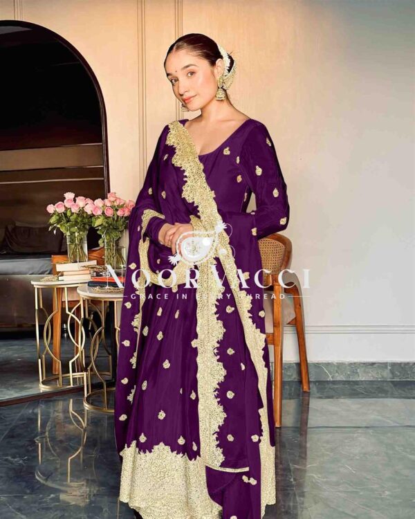 Buy Chinon Silk Embroidered Gown with Pent and Dupatta – Fully Stitched