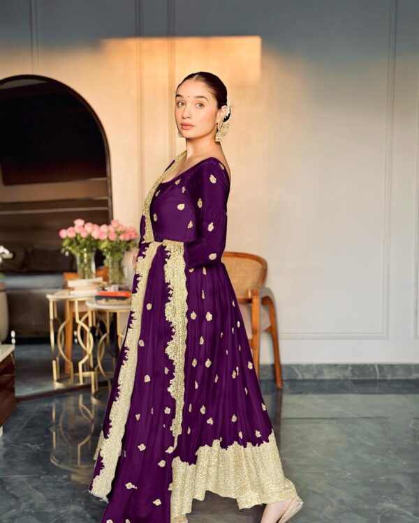 Buy Chinon Silk Embroidered Gown with Pent and Dupatta – Fully Stitched - Image 2