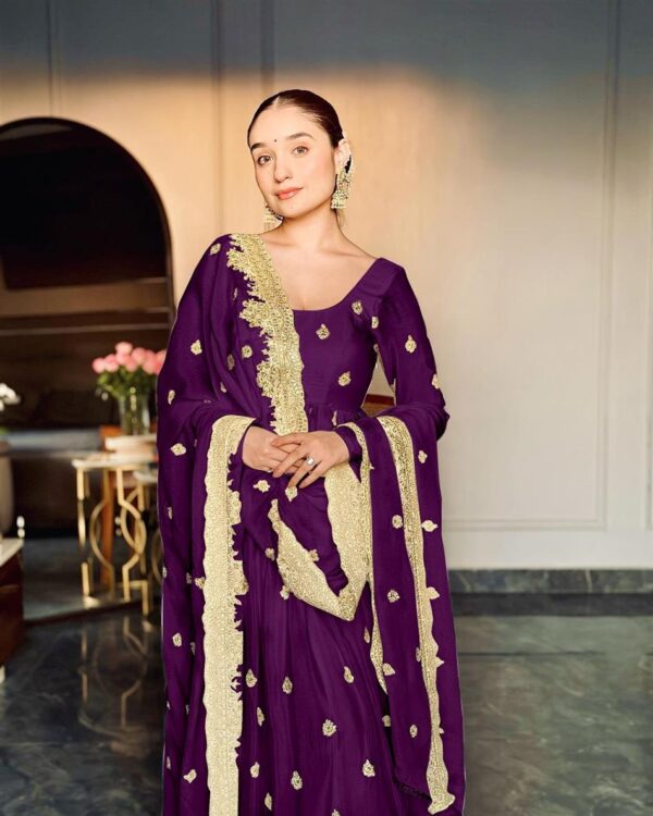 Buy Chinon Silk Embroidered Gown with Pent and Dupatta – Fully Stitched - Image 4
