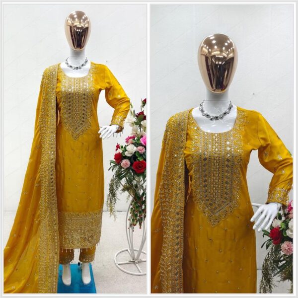 Shop Cinon Silk Embroidered Top with Pant and Dupatta – Fully Stitched Set - Image 2