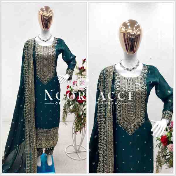 Cinon Silk Embroidered Top with Pant and Dupatta – Fully Stitched Set